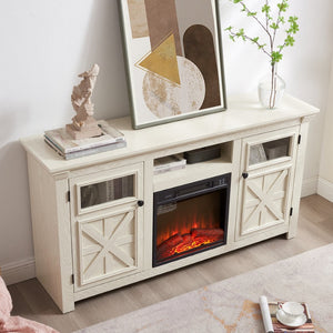 English Elm 2 Door Farmhouse TV Stand with Electric Fireplace Insert White Barn Style Console W2275S00039