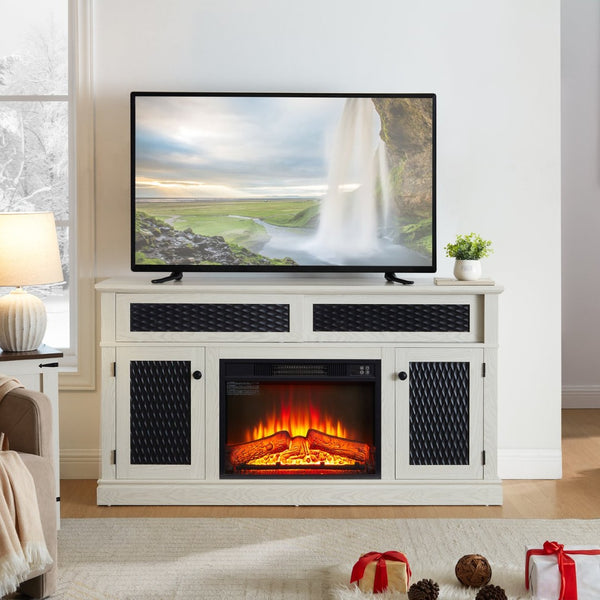 English Elm Embossed Cabinet Fireplace TV Stand with Open Shelving for Farmhouse Living Rooms White W2275S00048
