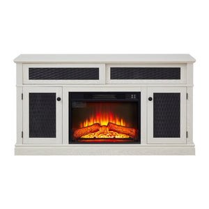 English Elm Embossed Cabinet Fireplace TV Stand with Open Shelving for Farmhouse Living Rooms White W2275S00048