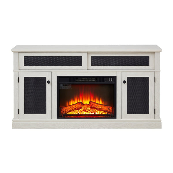 English Elm Embossed Cabinet Fireplace TV Stand with Open Shelving for Farmhouse Living Rooms White W2275S00048