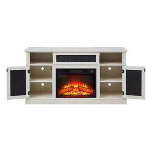 English Elm Embossed Cabinet Fireplace TV Stand with Open Shelving for Farmhouse Living Rooms White W2275S00048