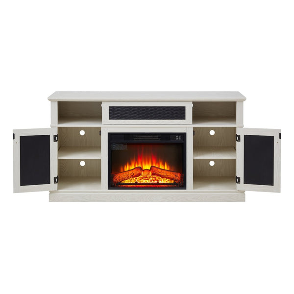 English Elm Embossed Cabinet Fireplace TV Stand with Open Shelving for Farmhouse Living Rooms White W2275S00048