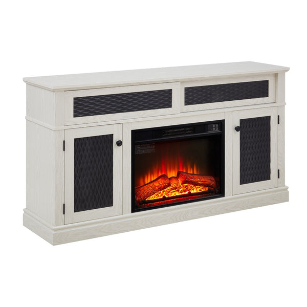 English Elm Embossed Cabinet Fireplace TV Stand with Open Shelving for Farmhouse Living Rooms White W2275S00048