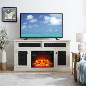 English Elm Embossed Cabinet Fireplace TV Stand with Open Shelving for Farmhouse Living Rooms White W2275S00048