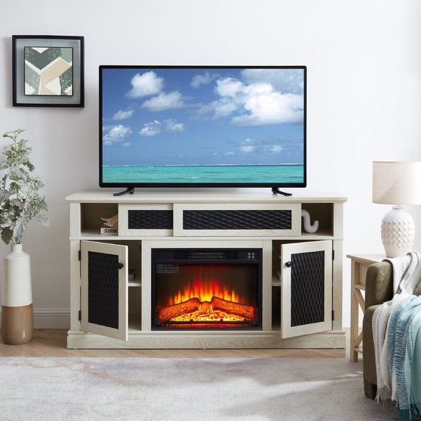 English Elm Embossed Cabinet Fireplace TV Stand with Open Shelving for Farmhouse Living Rooms White W2275S00048