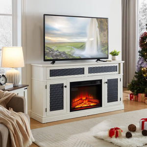 English Elm Embossed Cabinet Fireplace TV Stand with Open Shelving for Farmhouse Living Rooms White W2275S00048