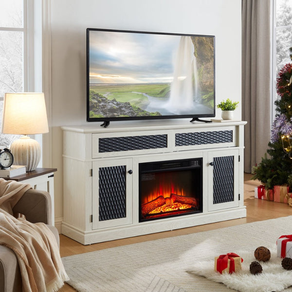 English Elm Embossed Cabinet Fireplace TV Stand with Open Shelving for Farmhouse Living Rooms White W2275S00048