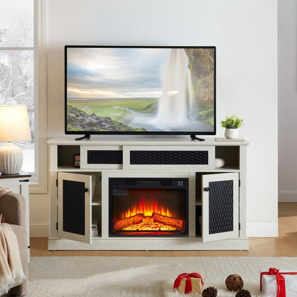 English Elm Embossed Cabinet Fireplace TV Stand with Open Shelving for Farmhouse Living Rooms White W2275S00048