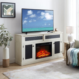 English Elm Embossed Cabinet Fireplace TV Stand with Open Shelving for Farmhouse Living Rooms White W2275S00048