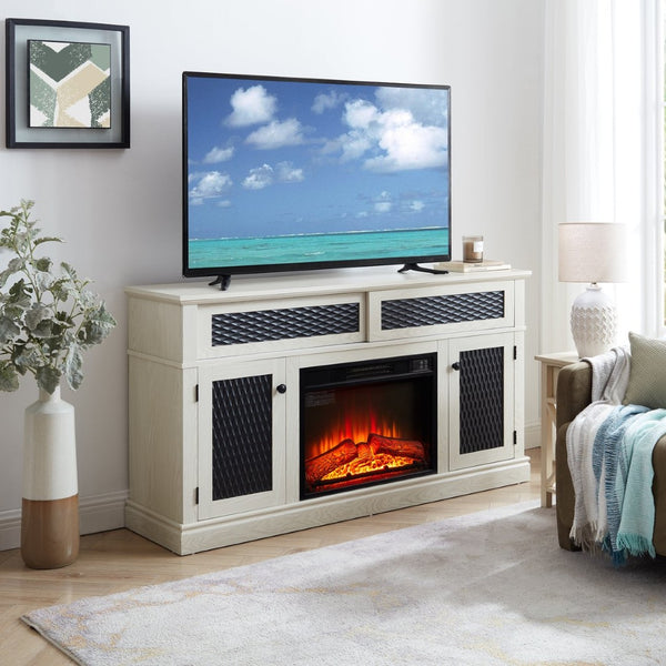 English Elm Embossed Cabinet Fireplace TV Stand with Open Shelving for Farmhouse Living Rooms White W2275S00048