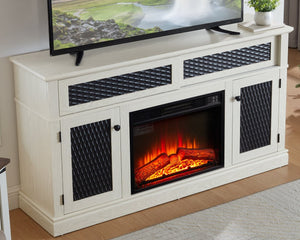 English Elm Embossed Cabinet Fireplace TV Stand with Open Shelving for Farmhouse Living Rooms White W2275S00048