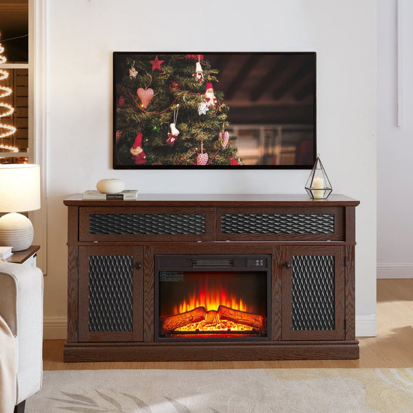 English Elm Embossed Cabinet Fireplace TV Stand with Open Shelving for Farmhouse Living Rooms Cherry W2275S00049