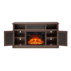 English Elm Embossed Cabinet Fireplace TV Stand with Open Shelving for Farmhouse Living Rooms Cherry W2275S00049