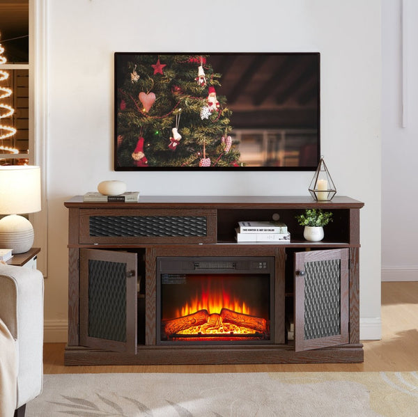 English Elm Embossed Cabinet Fireplace TV Stand with Open Shelving for Farmhouse Living Rooms Cherry W2275S00049