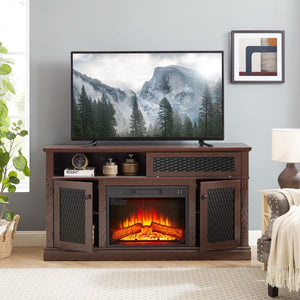 English Elm Embossed Cabinet Fireplace TV Stand with Open Shelving for Farmhouse Living Rooms Cherry W2275S00049