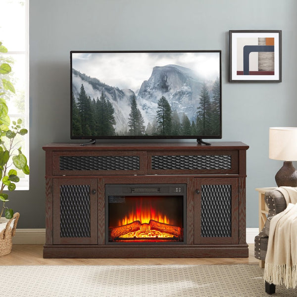 English Elm Embossed Cabinet Fireplace TV Stand with Open Shelving for Farmhouse Living Rooms Cherry W2275S00049