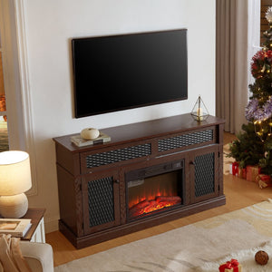 English Elm Embossed Cabinet Fireplace TV Stand with Open Shelving for Farmhouse Living Rooms Cherry W2275S00049