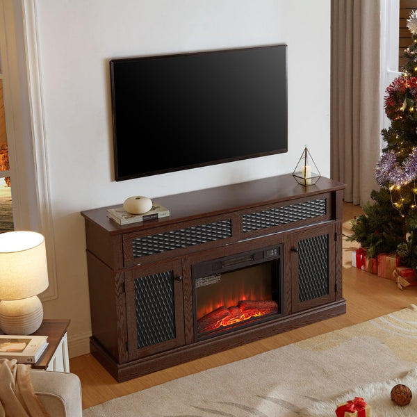 English Elm Embossed Cabinet Fireplace TV Stand with Open Shelving for Farmhouse Living Rooms Cherry W2275S00049