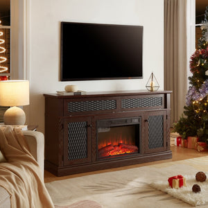 English Elm Embossed Cabinet Fireplace TV Stand with Open Shelving for Farmhouse Living Rooms Cherry W2275S00049