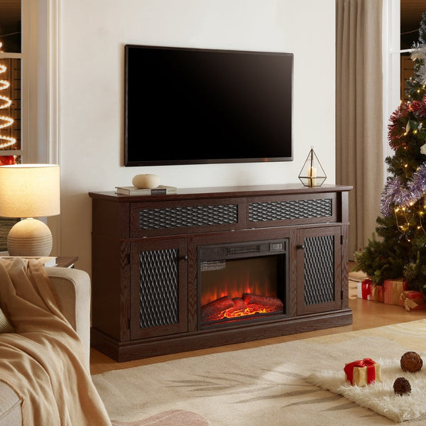 English Elm Embossed Cabinet Fireplace TV Stand with Open Shelving for Farmhouse Living Rooms Cherry W2275S00049