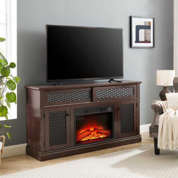 English Elm Embossed Cabinet Fireplace TV Stand with Open Shelving for Farmhouse Living Rooms Cherry W2275S00049