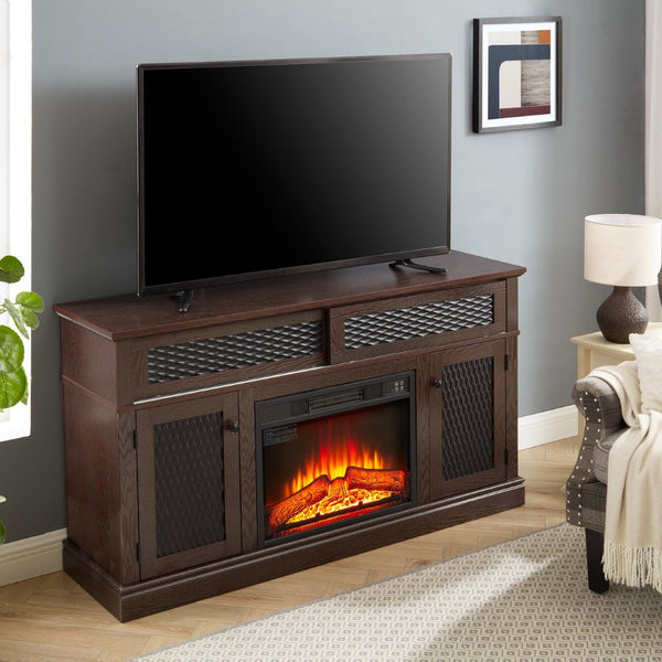 English Elm Embossed Cabinet Fireplace TV Stand with Open Shelving for Farmhouse Living Rooms Cherry W2275S00049