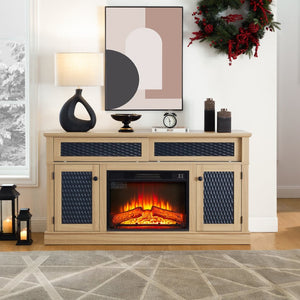 English Elm Embossed Cabinet Fireplace TV Stand with Open Shelving for Farmhouse Living Rooms Light Oak W2275S00050