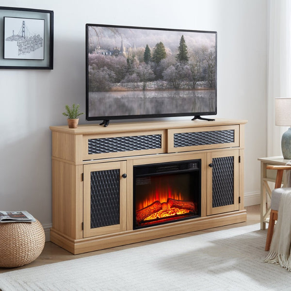 English Elm Embossed Cabinet Fireplace TV Stand with Open Shelving for Farmhouse Living Rooms Light Oak W2275S00050