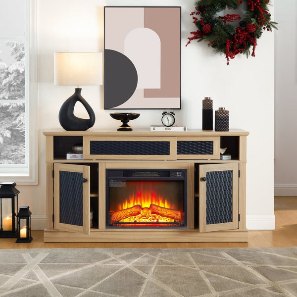 English Elm Embossed Cabinet Fireplace TV Stand with Open Shelving for Farmhouse Living Rooms Light Oak W2275S00050