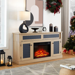 English Elm Embossed Cabinet Fireplace TV Stand with Open Shelving for Farmhouse Living Rooms Light Oak W2275S00050