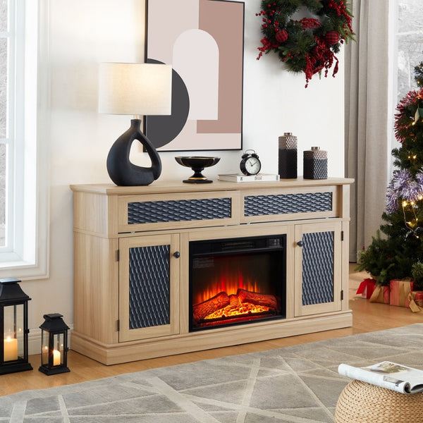 English Elm Embossed Cabinet Fireplace TV Stand with Open Shelving for Farmhouse Living Rooms Light Oak W2275S00050