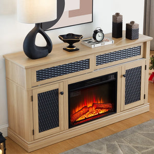 English Elm Embossed Cabinet Fireplace TV Stand with Open Shelving for Farmhouse Living Rooms Light Oak W2275S00050