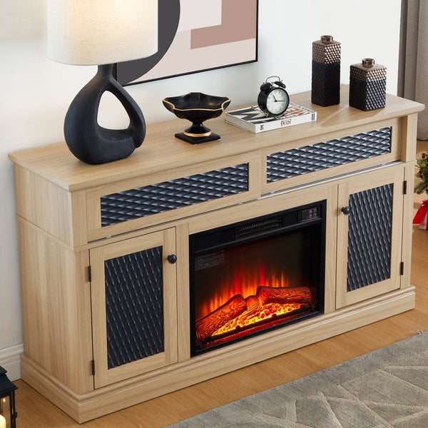 English Elm Embossed Cabinet Fireplace TV Stand with Open Shelving for Farmhouse Living Rooms Light Oak W2275S00050