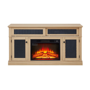 English Elm Embossed Cabinet Fireplace TV Stand with Open Shelving for Farmhouse Living Rooms Light Oak W2275S00050