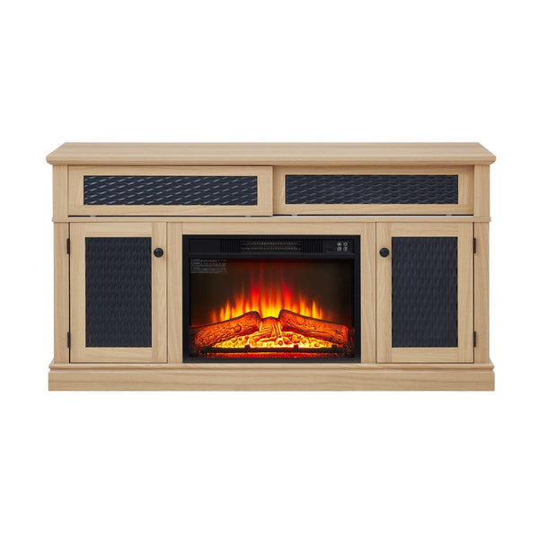 English Elm Embossed Cabinet Fireplace TV Stand with Open Shelving for Farmhouse Living Rooms Light Oak W2275S00050