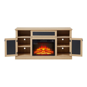 English Elm Embossed Cabinet Fireplace TV Stand with Open Shelving for Farmhouse Living Rooms Light Oak W2275S00050