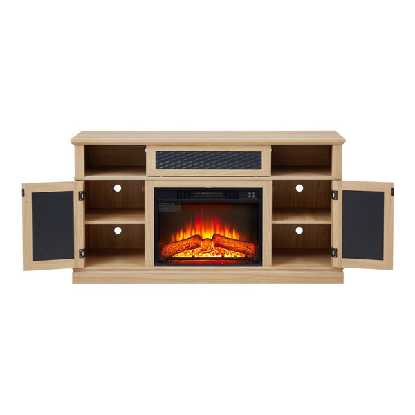 English Elm Embossed Cabinet Fireplace TV Stand with Open Shelving for Farmhouse Living Rooms Light Oak W2275S00050