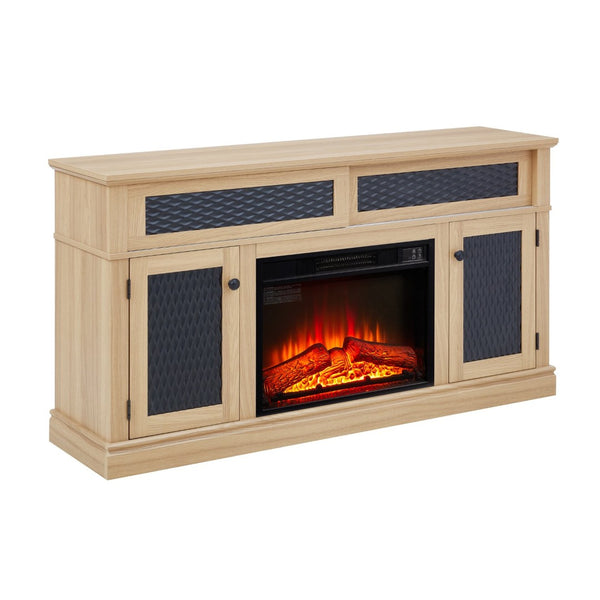 English Elm Embossed Cabinet Fireplace TV Stand with Open Shelving for Farmhouse Living Rooms Light Oak W2275S00050