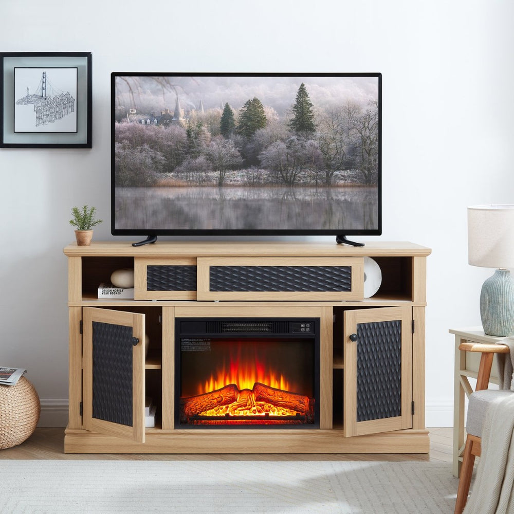 English Elm Embossed Cabinet Fireplace TV Stand with Open Shelving for Farmhouse Living Rooms Light Oak W2275S00050