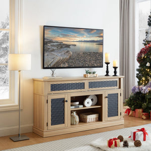 English Elm Embossed Cabinet Fireplace TV Stand with Open Shelving for Farmhouse Living Rooms Light Oak W2275S00050