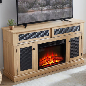 English Elm Embossed Cabinet Fireplace TV Stand with Open Shelving for Farmhouse Living Rooms Light Oak W2275S00050