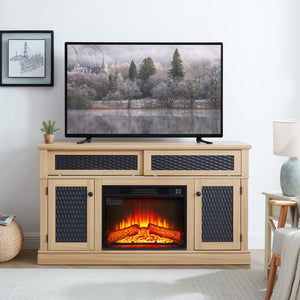 English Elm Embossed Cabinet Fireplace TV Stand with Open Shelving for Farmhouse Living Rooms Light Oak W2275S00050