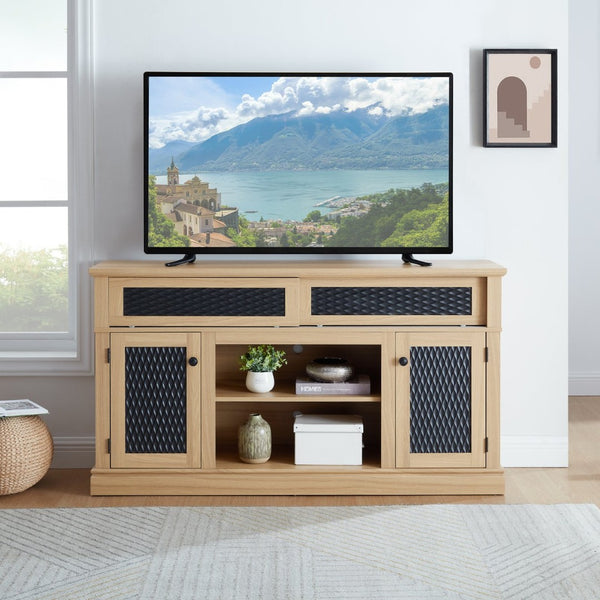 English Elm Embossed Cabinet Fireplace TV Stand with Open Shelving for Farmhouse Living Rooms Light Oak W2275S00050
