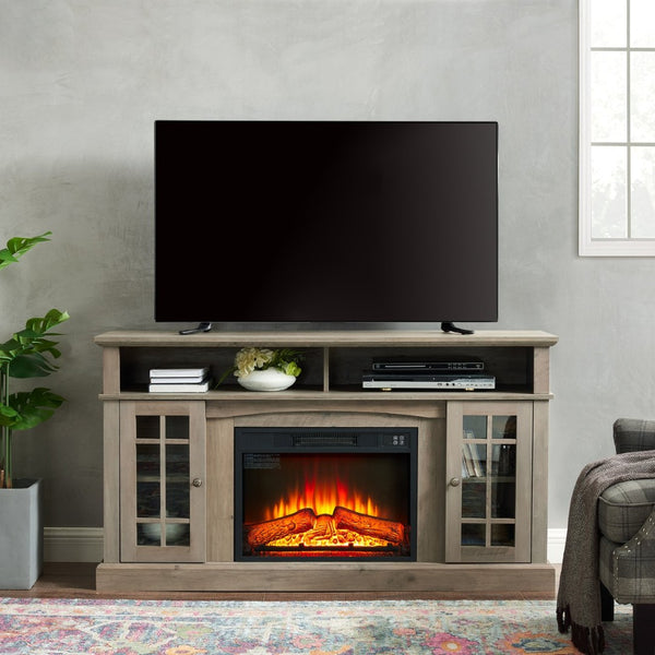 English Elm Classic Gray Wash Entertainment Console with Built-In Electric Fireplace for Living Rooms W2275S00051