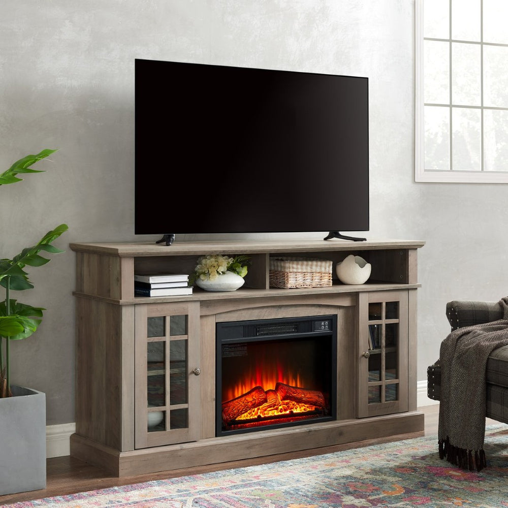 English Elm Classic Gray Wash Entertainment Console with Built-In Electric Fireplace for Living Rooms W2275S00051