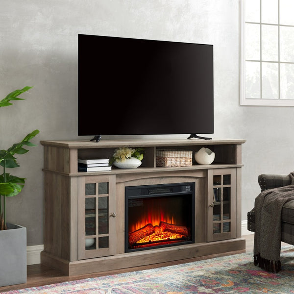 English Elm Classic Gray Wash Entertainment Console with Built-In Electric Fireplace for Living Rooms W2275S00051