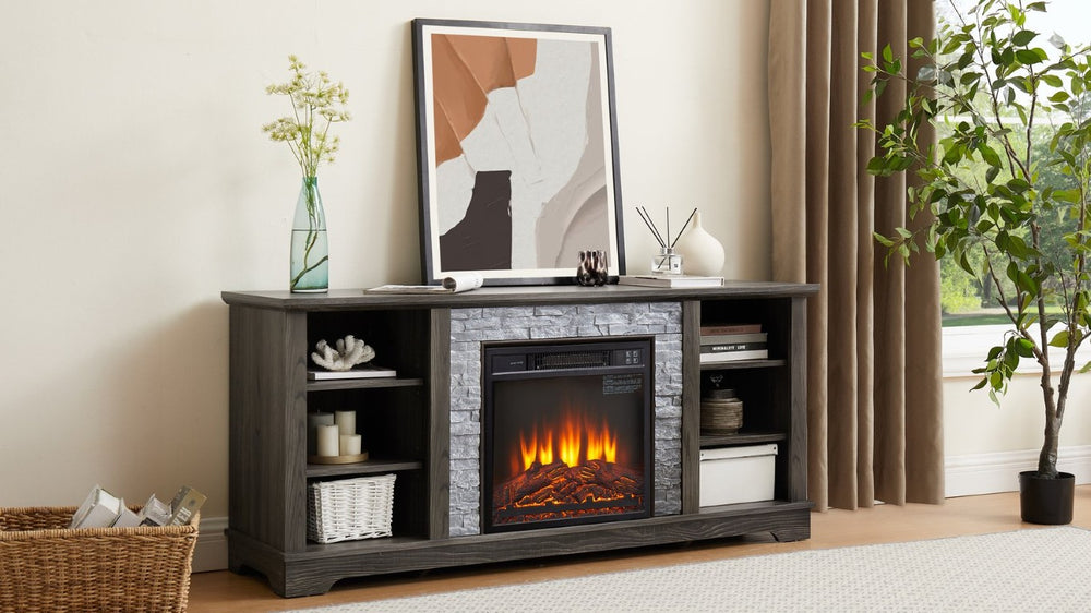 English Elm Mantel Electric Fireplace TV Stand with Stone Surround and Open Media Storage W2275S00052