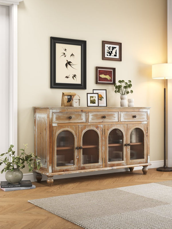 English Elm 59.06" Farmhouse Credenza Solid Wood Buffet with Fluted Glass Doors and Turned Legs Antique Brown+White W2295P475262