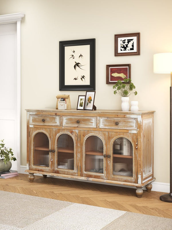 English Elm 59.06" Farmhouse Credenza Solid Wood Buffet with Fluted Glass Doors and Turned Legs Antique Brown+White W2295P475262