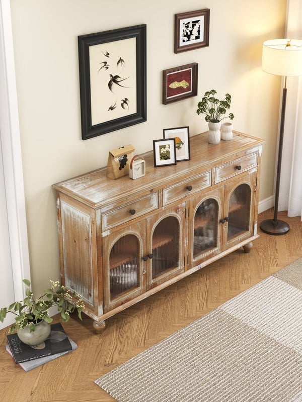 English Elm 59.06" Farmhouse Credenza Solid Wood Buffet with Fluted Glass Doors and Turned Legs Antique Brown+White W2295P475262